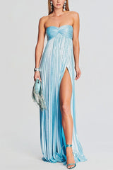 Metallic Sexy Tube Top Pleated High Slit Maxi Dress