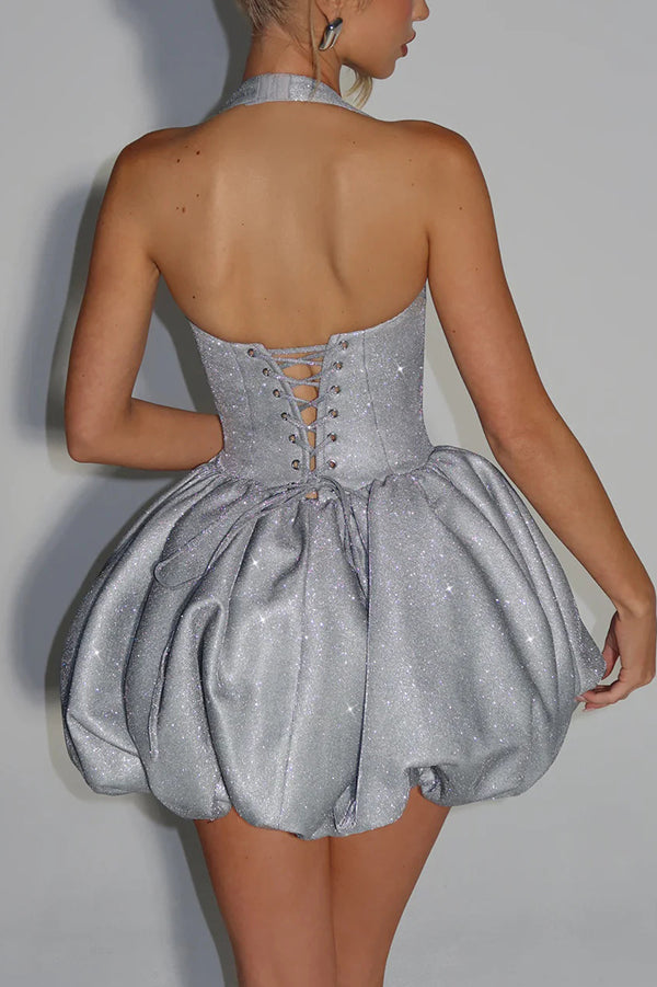 Araminta Glitter Fabric Square Halter Tie Neck Back Lace-up Fluffy Bubble Mini Dress