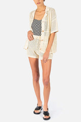 Solid Color Casual Cutout Button Shirt and Elastic Waist Drawstring Shorts Set