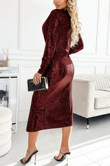 Coralia Sequin V-neck Long Sleeve Twist Waist Front Slit Midi Dress