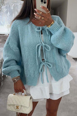 Solid Color Long-sleeved V-neck Lace-up Loose Knitted Sweater