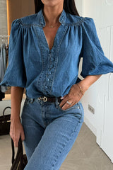 Fashion V-neck Button-down Lantern Sleeve Casual Denim Shirt