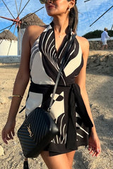 Unique Printed Open Back Waist Tie Holiday Mini Dress