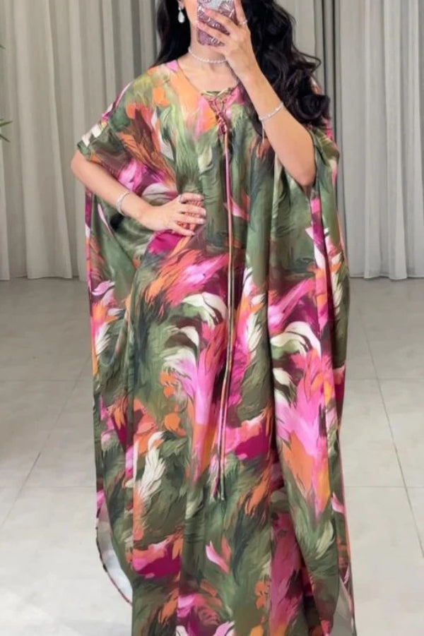 Unique Printed Loose V-Neck Kaftan Robe Maxi Dress