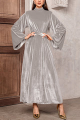 Solid Color Velvet Bell Sleeves Tie Waist Elegant Maxi Dress