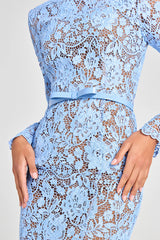 Feminine and Elegant Flower Lace Long Sleeve Bow Belted Flare Midi Dress