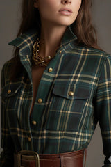 Retro Plaid Print Lapel Long-sleeved Pocket Maxi Dress