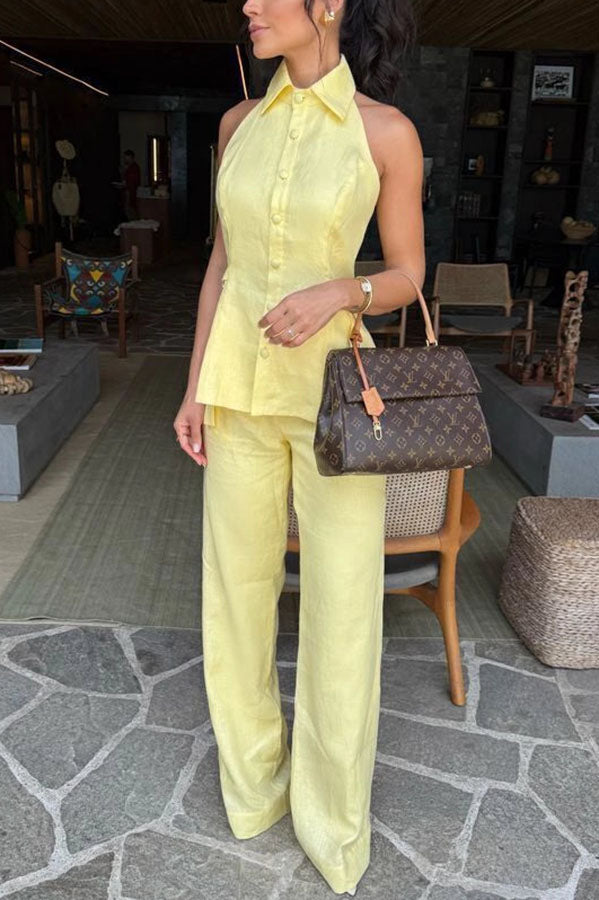 Gracelin Linen Blend Button Sleeveless Side Belt Halter Blouse and Elastic Waist Loose Pants Set