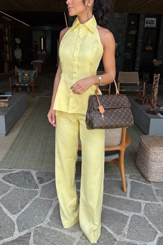 Gracelin Linen Blend Button Sleeveless Side Belt Halter Blouse and Elastic Waist Loose Pants Set