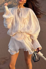 Ninah Glitter Fabric Pleated Balloon Sleeve Tiered Ruffle Hem Mini Dress