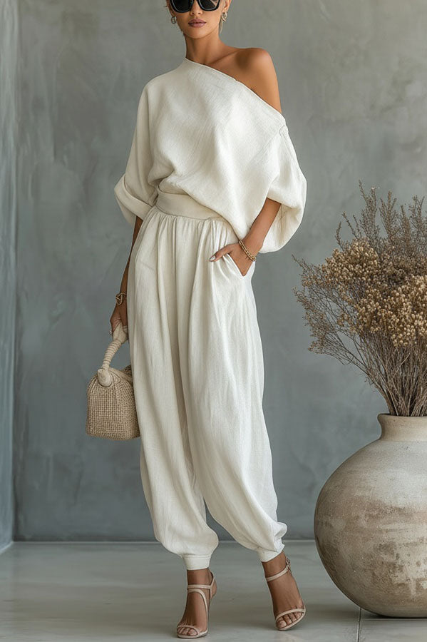 Cressa Linen Blend Off Shoulder Loose Top and High Rise Pocket Tapered Pants