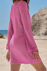 Solid Color Knit Hollow V-Neck Tie Long Sleeve Cover Up Mini Dress