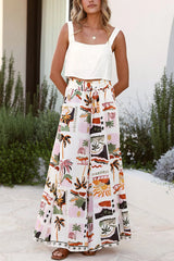 Holiday Style Holiday Print Casual Short-sleeved Shirt and Elastic Waist Loose Pocket Wide-leg Pants Set