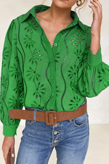 Fashion Hollow Puff Sleeve Casual Lapel Loose Shirt