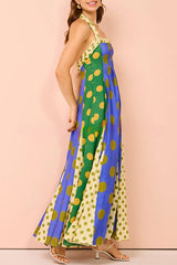 Contrast Color Polka Dot Print Back Zipper Halter Button Maxi Dress