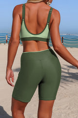 Stylish V-neck Pocketed Stretch Two-piece Bikini Swimsuit and Solid Color Long-sleeved Cover-up Set