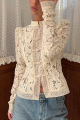 Fashion Hollow Lace Stand Collar Long Sleeve Slim Shirt
