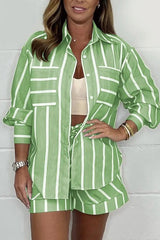 Stripe Print Lapel Long-sleeved Shirt and Elastic Waist Loose Shorts Set