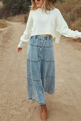 Fashion Elastic Waist Casual Patchwork Denim Maxi Skirt