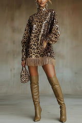 Stylish Leopard Print Sequined Turtleneck Long-sleeved Tassel Hem Loose Mini Dress