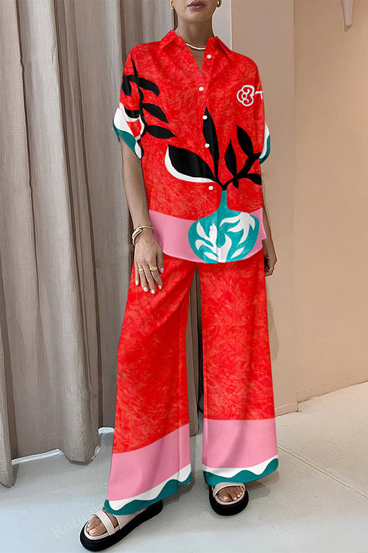 Abstract Vase Print Oversized Blouse and Elastic Waist Pocketed Pants Set