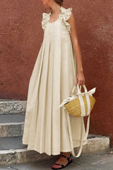 Solid Color Casual Round Neck Ruffled Holiday Loose Maxi Dress