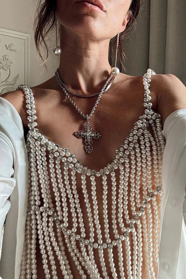 Fashionable Pearl Beaded Rhinestone Multi-layered Chest Necklace