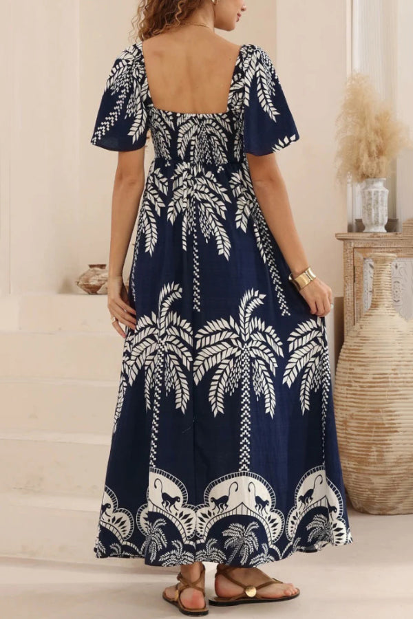 Plant Print Short-sleeved Square Neck Casual Pocket Holiday Midi Dress