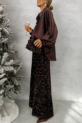 Chic and Merry Velvet Sequin High Rise Elastic Waist Flare Pants