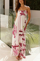 Botanical Print Halter Square Neck Pleated Loose Maxi Dress