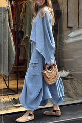 Solid Color Loose Round Neck Top and Elastic Waist Tie Casual Maxi Skirt Set