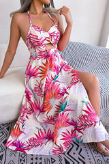 Plant Print Halter Neck Hollow Holiday Beach Midi Dress