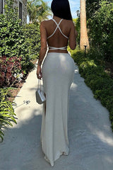 Solid Color Sexy Lace-up Swimsuit and Knitted Elastic Slit Beach Maxi Skirt Set