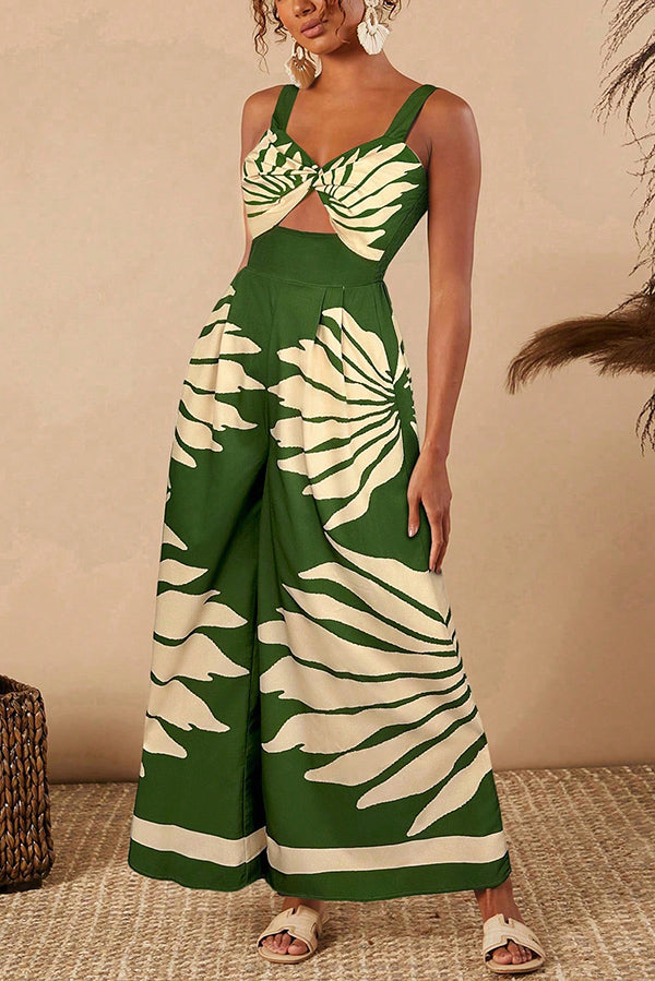 Unique Printed Open Back Pleated Casual Wide-leg Jumpsuit