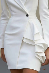 Fashion Lapel Long Sleeve Button Ruffle Trim Mini Dress