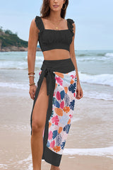 Floral Print Ruffled Two-piece Stretch Bikini Swimsuit and Elegant Gauze Scarf Set