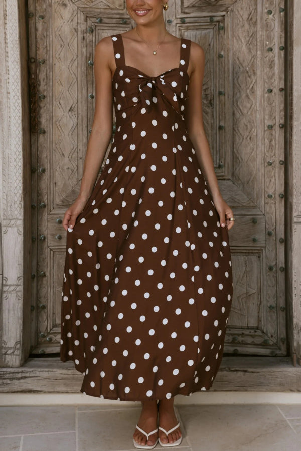 Polka Dot Print Back Pleated Casual Pocket Holiday Maxi Dress
