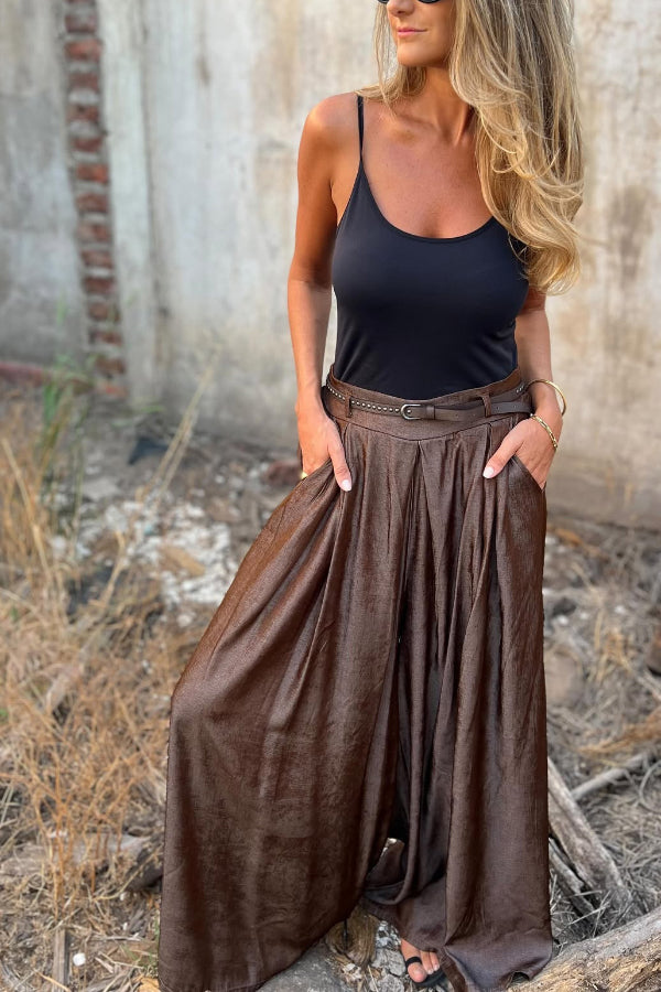 Solid Color Elastic Waist Casual Pocket Loose Wide-leg Pants