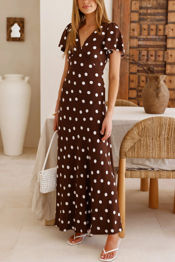 Polka Dot Print V-neck Short-sleeved Casual Holiday Maxi Dress