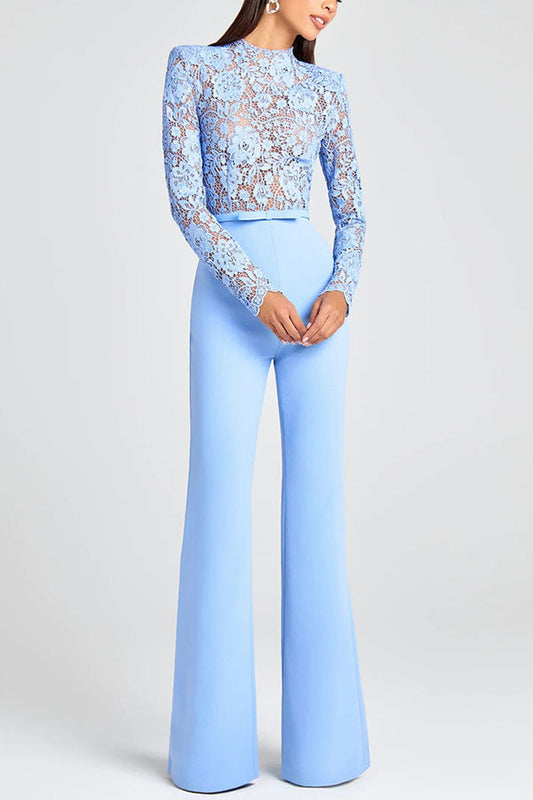 Party Charmer Flower Lace Patchwork Long Sleeve Bow Belted Flare Jumpsuit