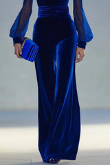 Solid Color Velvet V-neck Long-sleeved Elegant Fitted Jumpsuit