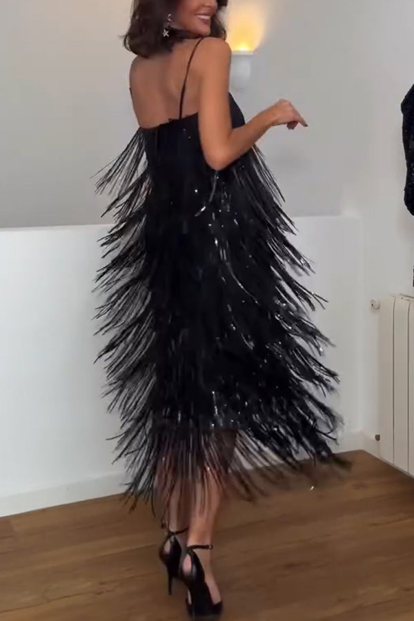 Chic Celebration Layered Sequined Tassels Slip Strapless H-line Midi Dress