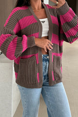 Fashionable Patchwork Striped Casual Pocket Knitted Sweater