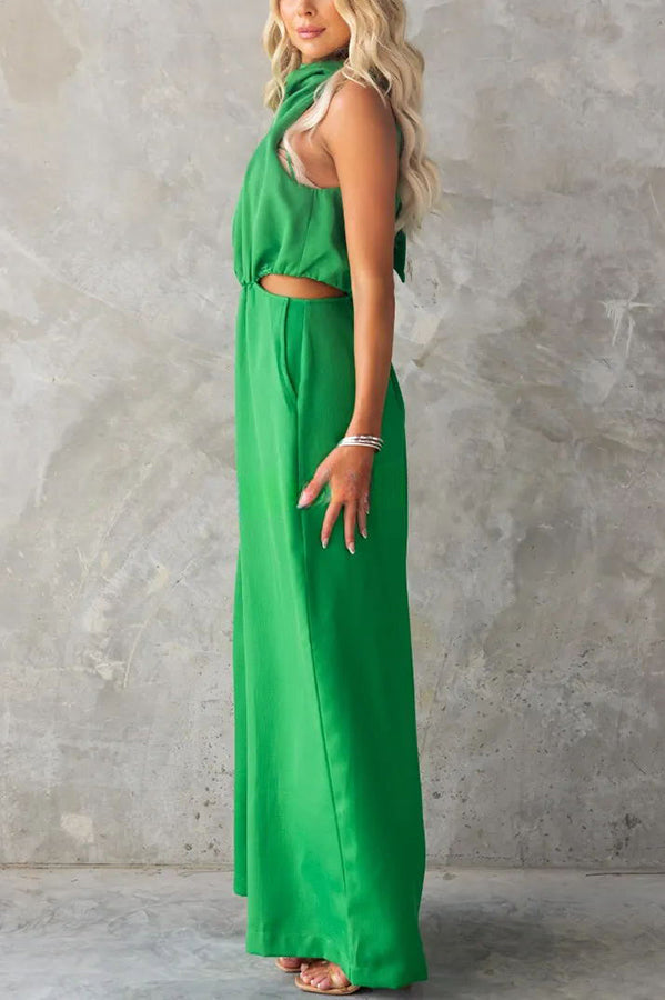 Elyssa High Neck Cutout Elastic Waist Pocketed Wide Leg Jumpsuit