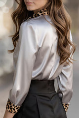Satin Leopard Print Patchwork Casual Long-sleeved Shirt