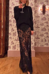 Make An Entrance Floral Stretch Lace Mid Rise Flare Maxi Skirt