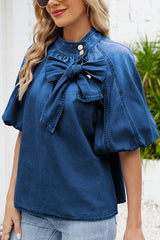 Fashion Loose Bow Lantern Sleeve Casual Denim Shirt