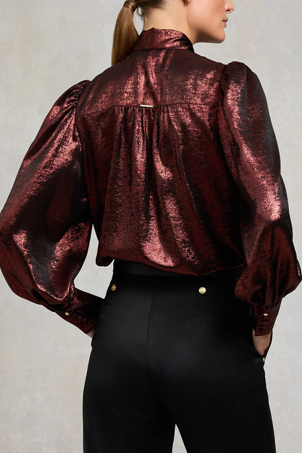 Ariella Metallic Satin Fabric Tie-up Bow Neck Long Sleeve Blouse