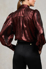 Ariella Metallic Satin Fabric Tie-up Bow Neck Long Sleeve Blouse