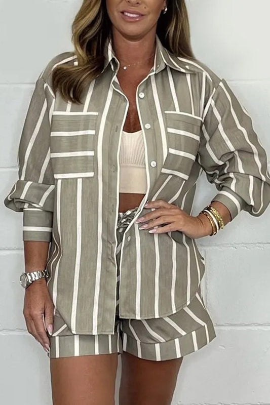 Stripe Print Lapel Long-sleeved Shirt and Elastic Waist Loose Shorts Set